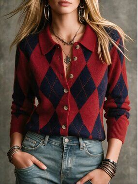 Red Argyle Collared Cardigan | Long Sleeve Button-Down Polo Sweater